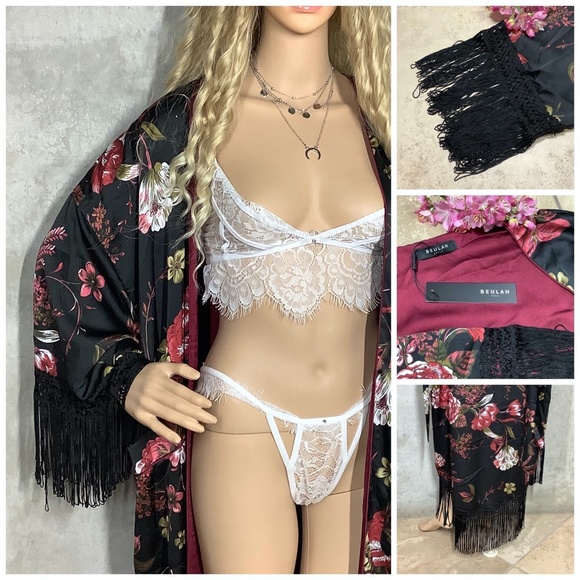 🌸KIMONO ROBE LONG MAXI FLOWER BOHO FRINGE SILK - Picture 11 of 12